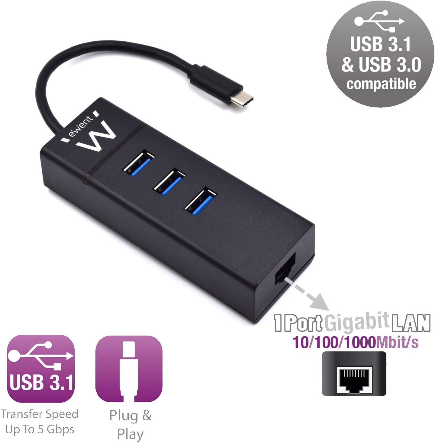 HUB USB-C EWENT USB 3.2 + LAN GIGA