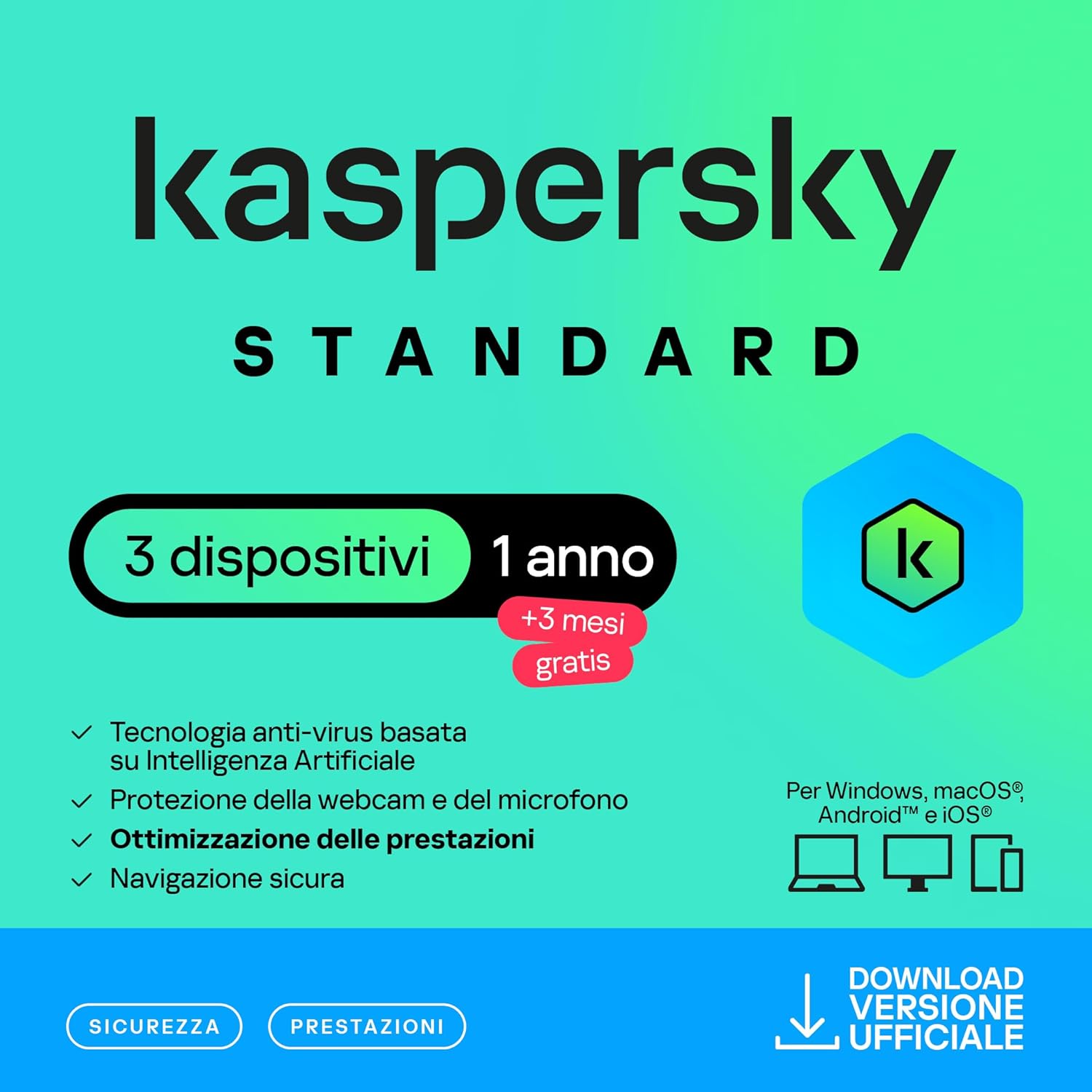 SW ANTIVIRUS KASPERSKY 3 DISPOSITIVI 1ANNO